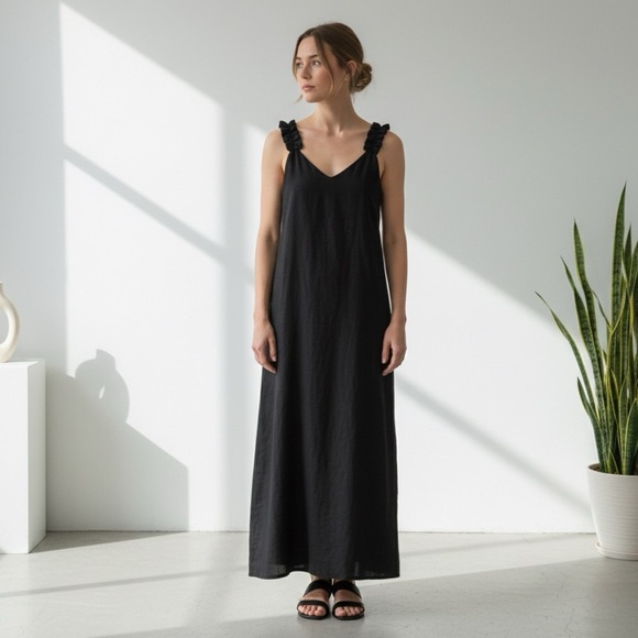 Saiph black linen maxi dress with ruffle straps - Medium NWT - Picture 1 of 8